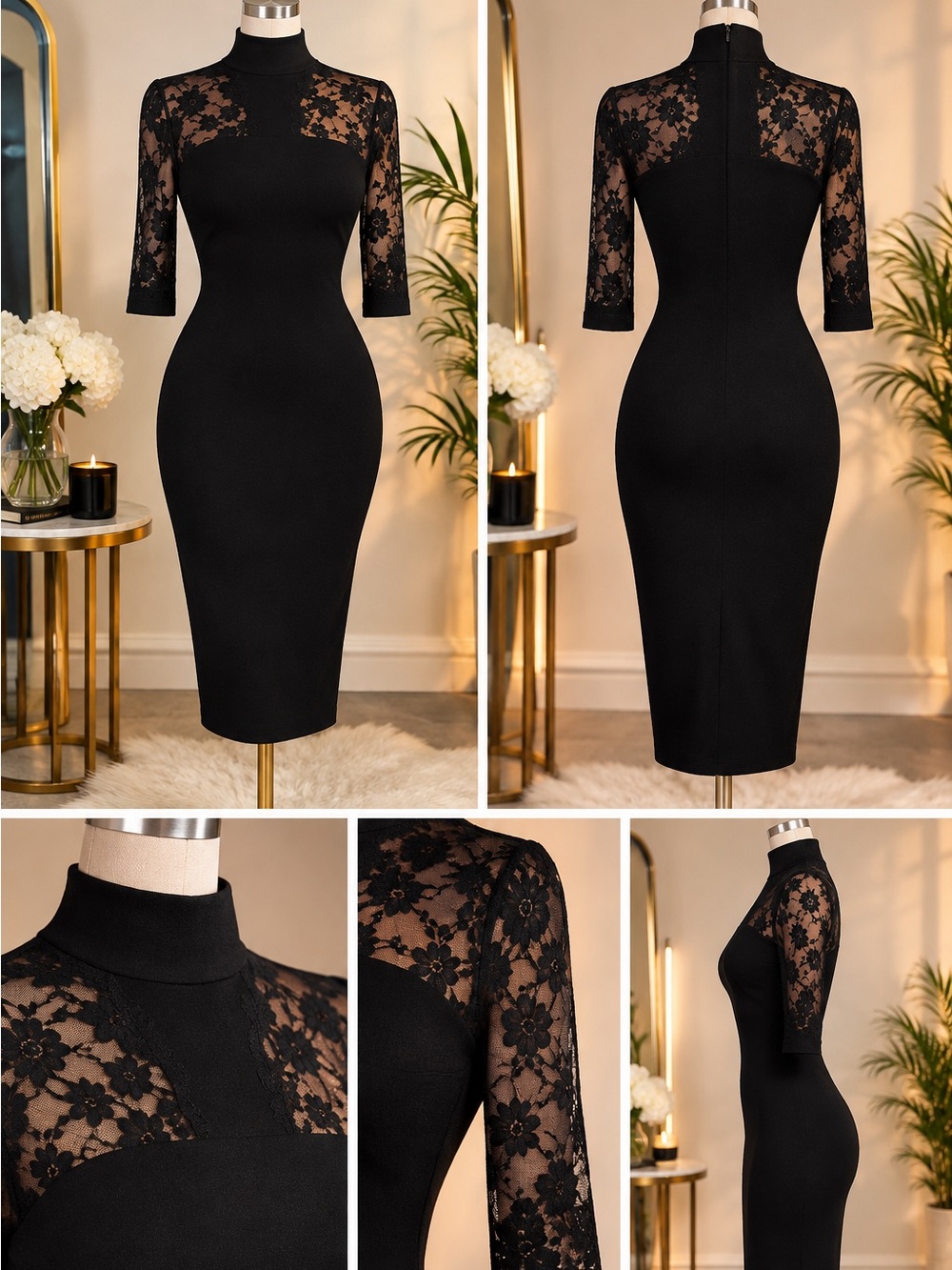 bebe Black Lace-Accented Midi Sheath Dress